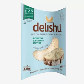   Delishu vegán, kesudióból készült  friss sajt jellegű készítmény vargánya gombával és vad kakkukfűvel 100 g